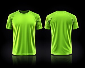 Sports. Active recreation. Blank neon green t-shirt mockup front, back view. Sportswear design template for outdoor sports safety. Active wear