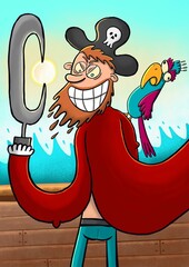 Ilustracja Szalony Pirat z papugą. Kreskówkowa postać pirata.