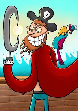 Fototapeta Ilustracja Szalony Pirat z papugą. Kreskówkowa postać pirata.