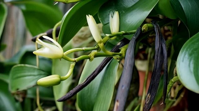 vanilla beans and flowers on vanilla plant on plant
