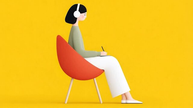 Vector Graphic of a Young Girl Taking Notes on a Solid Background