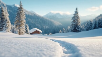 Snowy mountain landscape with footprints.  A pristine winter scene of a snowy mountain valley with a small cabin nestled amongst the trees. Footprints in the fresh snow lead into the distance,