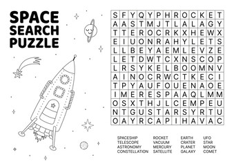 Word search game puzzle for kids. Rocket, space. English words. Black and white. Educational puzzle game for kids. Isolated vector illustration eps 10