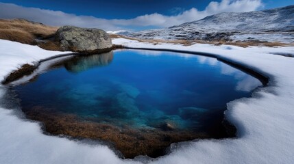 Frozen alpine pond reflecting a vibrant blue sky