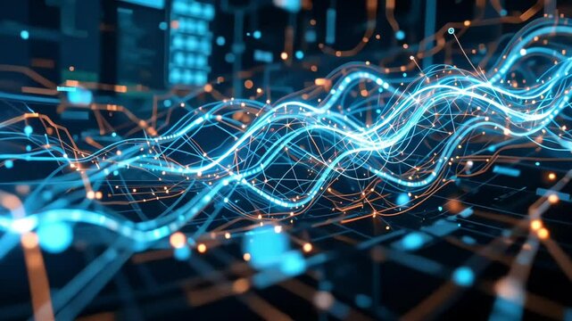 Data stream tech abstract background with glowing lines and floating binary code