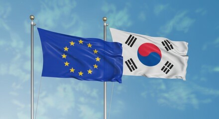 National Flags of the European Union and South Korea Flying Side by Side Against a Clear Blue Sky