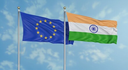 National Flags of the European Union and India Flying Side by Side Against a Clear Blue Sky