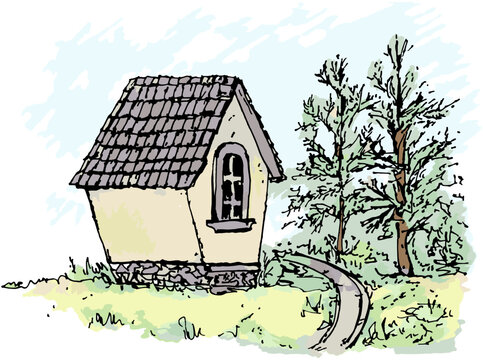 A small house with a window and a wooden roof for children to play on the street, surrounded by trees. Watercolor with ink