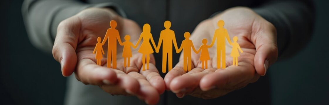 Hands hold paper cut-out family figures. Concept support family, social security, insurance. Protecting, safeguarding children. Family care, charity, help, together, inclusion, hope, togetherness.