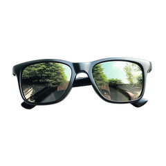 Png of Stylish black sunglasses reflecting a serene outdoor scene with lush greenery and a bright blue sky on transparent background.