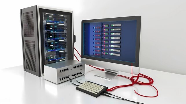 A computer and server network, server connected to a Box inside network connected to externel Harddrive and a Box in internet showing, Generative AI illustrations.