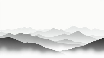 Create a vector illustration of a minimalist grayscale mountain landscape. The image should have soft gradients and a layered effect to depict depth, with distant mountains appearing lighter and more 