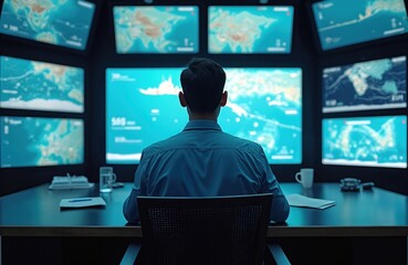 Maritime navigation control room with multiple monitors. Displays ship tracking ocean mapping charts. Person monitors vessel traffic, global sea routes, ensures safety at sea, coordinates operations.