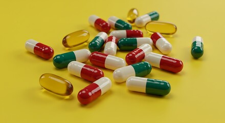 Vibrant Capsules: 3D Render of Red, Green, and Gold Pills AI Generated