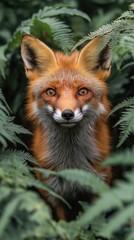 Obraz premium Vertical close-up of curious red fox looking directly through green foliage