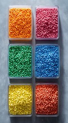 Colorful plastic resin pellets organized by color in transparent storage boxes