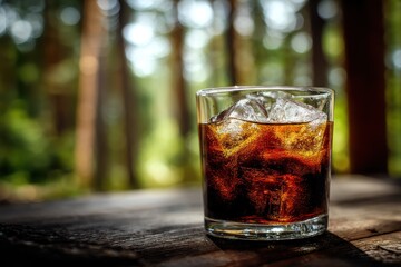 Refreshing Cold Brew Coffee with Ice Cubes in Forest Background - Perfect for Summer Vibes