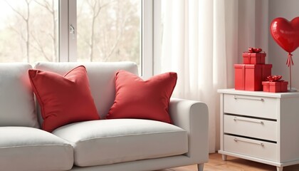 Fototapeta premium Modern living room decor for Valentine Day. White sofa red pillows, side table with gifts. Romantic atmosphere, love, bright view, cozy, inviting ambiance. Perfect for holiday, romantic design.