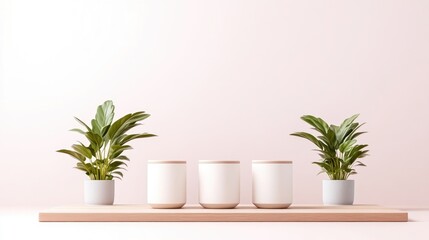 Three white cylindrical containers sit on a light wood shelf, flanked by two potted plants with broad, green leaves. The scene is minimalist, with a pale pink background. The image is digitally rend