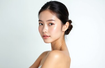 Portrait young asian woman with fresh clean skin. Beauty skincare concept. Female with soft makeup on white backdrop. Cosmetology, spa, healthy skin, facial treatment. Beauty industry.