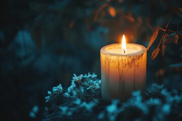 A single candle burning in the darkness symbolizes hope and determination on a black background with copy space