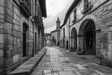 Naklejka premium Historic Black and White Streetscape: Archway and Antique Buildings in the Heart of AvilÃ©s, Asturias