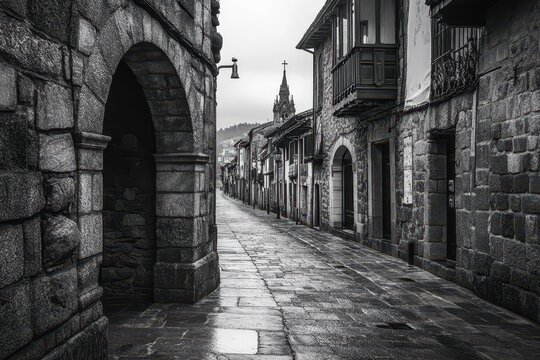 Historic Black and White Street in Avil s: Capturing the Antique Architecture and Charming Bricks of Asturias, Spain