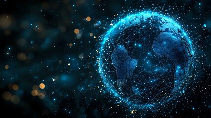 Obraz premium Glowing blue planet Earth surrounded by luminous particle network and light effects against dark space background with bokeh elements.