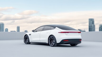 Fototapeta premium Modern electric car parked on city rooftop. Sleek, white vehicle with a minimalist design. Urban cityscape in the background