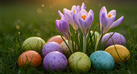 Fototapeta premium Macro photo of dew-covered crocuses blooming around Easter eggs at sunrise, rich natural colors.