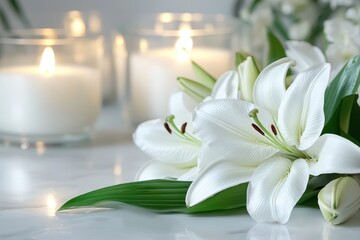 white lily flowers and a candle on a table in a room