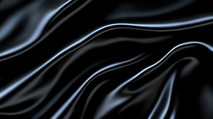 Luxurious black silk fabric with elegant waves and folds creates dramatic light effects on smooth satin surface, perfect for fashion and luxury backgrounds.