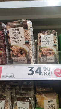 Prague, Czech republic - August 11, 2024: Tesco white beans displayed on supermarket shelf