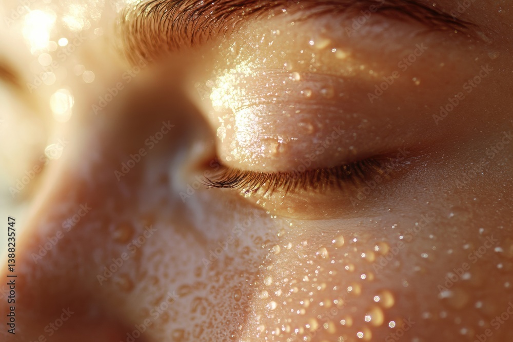 Poster close-up of healthy glowing skin highlighted with moisture droplets in soft golden light focusing on