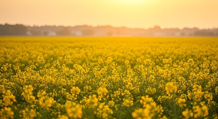 Obraz premium Golden Hour Rapeseed Field: Sunset Serenity AI Generated