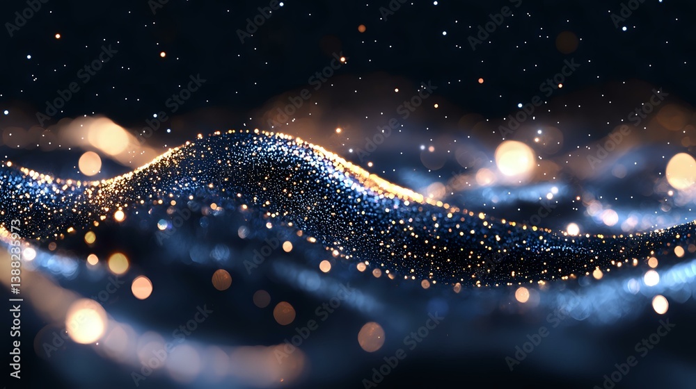 Poster abstract glowing wave of sparkling particles flowing on dark background with bokeh lights and magica