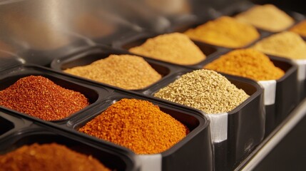 Blister packaging of spices with automated sealing and cutting on linear conveyor.