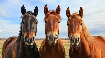 Obraz premium Portrait of a Herd of Three Young Horses Posing Against a Bright Summer Sky