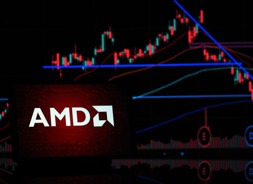 In this photo illustration, Advanced Micro Devices, Inc. logo seen displayed on a monitor.