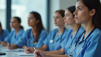 Student nurses listen instructor, take notes during clinical skills training session. College learning environment with notebooks and stethoscopes. Focus on education, healthcare, medical, pro future.