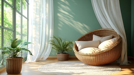 Fototapeta premium Serene room featuring a wicker chair with pillows, plants, natural light, and gentle shadows creating a peaceful atmosphere.