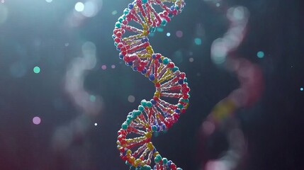Obraz premium A colorful dna double helix structure with a dark background and bokeh effect in a spiral shape form