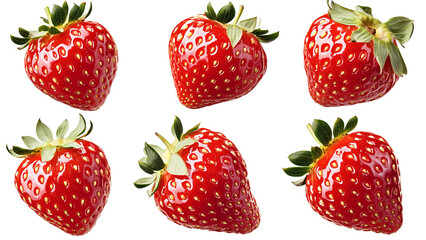 Png of A vibrant display of fresh strawberries with green leaves, showcasing their juicy red color and natural shine on transparent background.