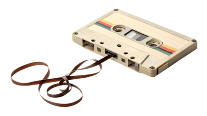 Vintage Audio Cassette Clipart – Isolated Tape with Unspooled Ribbon

