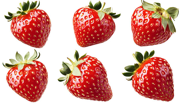 Png of A vibrant display of fresh strawberries with green leaves, showcasing their juicy red color and natural shine on transparent background.