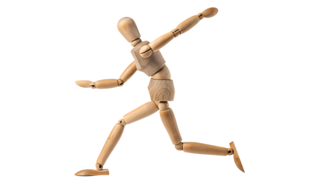 Wooden Artist Mannequin in Dynamic Pose – Transparent Background PNG

