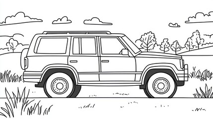 Outline drawing of a SUV in a landscape, coloring book image, possible use for kids