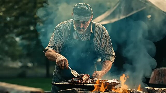 Elderly man grilling meat outdoors at a rustic campsite surrounded by trees and smoke