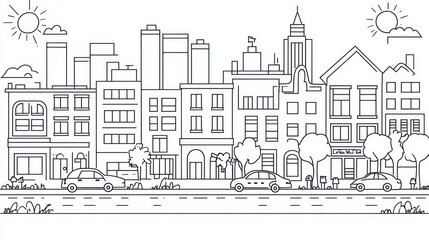 Fototapeta premium Simple line art city street scene. Possible use Children's book illustration