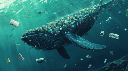 Fototapeta premium A whale made of ocean trash swims underwater, symbolizing pollution and environmental destruction.